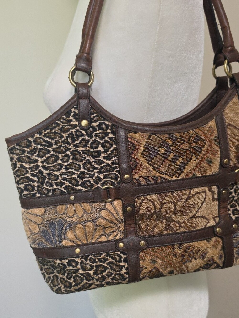 Vintage Leslie Fay Patchwork Tapestry Tote Bag Shoulder Purse Y2K Boho - Picture 2 of 6